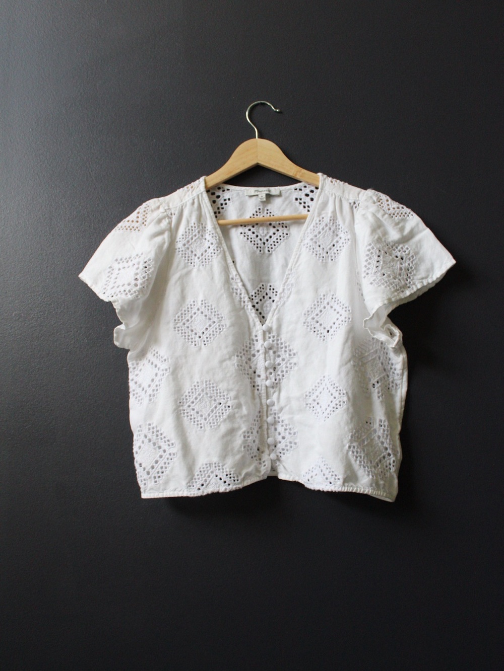 Madewell Flutter-Sleeve Eyelet Button-Front V-Neck Top